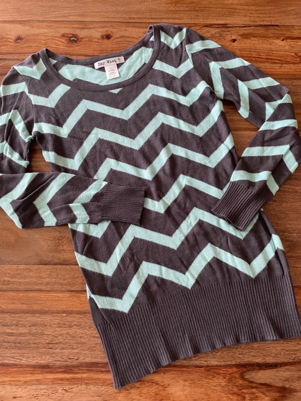 Say What? Chevron Knit Pullover in Mint and Charcoal